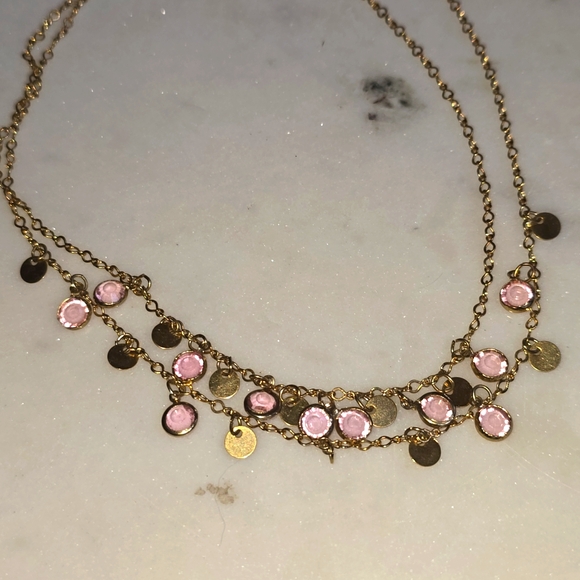Double Strand Gold Necklace With Pink Stones - Picture 7 of 8